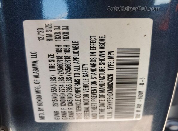 5FNYF5H3XMB024326 2021 HONDA PILOT Синий Панорамный вид салона 360°