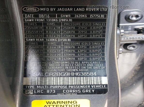 SALCR2BG9HH638584 2017 LAND ROVER DISCOVERY Gray VIN sticker view