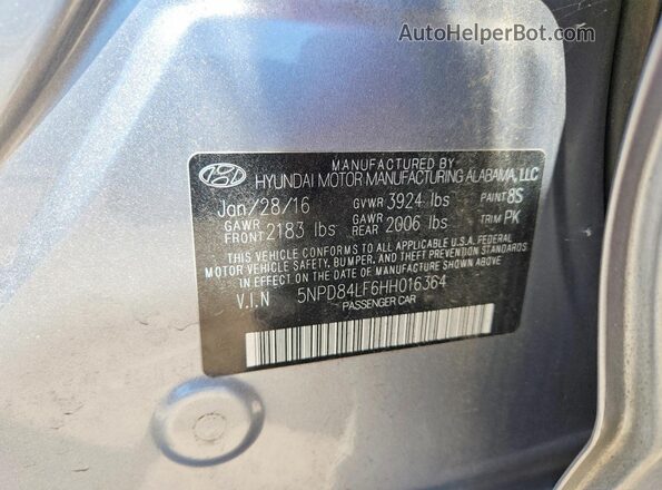 5NPD84LF6HH016364 2017 HYUNDAI ELANTRA Silver VIN კოდის სტიკერის ხედი
