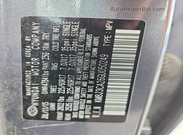 KM8J3CA26GU050249 2016 HYUNDAI TUCSON Gray VIN კოდის სტიკერის ხედი