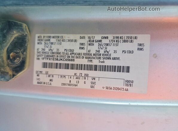 1FTFX1E58JKC65688 2018 FORD F150 Silver Vista de la etiqueta del VIN