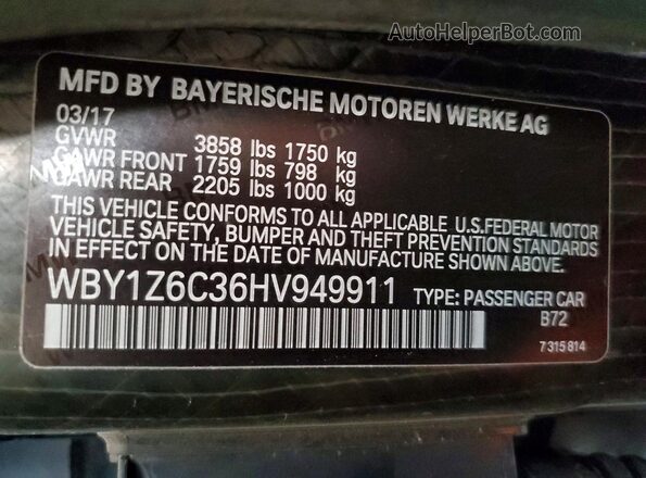 WBY1Z6C36HV949911 2017 BMW I SERIES Silver VIN կոդի պիտակի տեսք