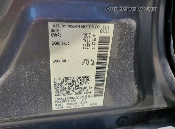 1N4AL3AP0GC229592 2016 NISSAN ALTIMA Silver Widok naklejki z numerem VIN