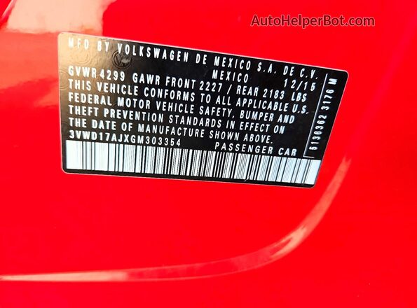 3VWD17AJXGM303354 2016 VOLKSWAGEN JETTA Красный Вид наклейки с VIN-кодом