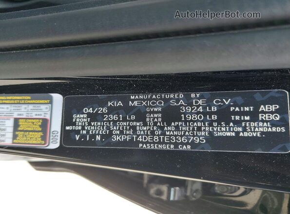 3KPFT4DE8TE336795 2026 KIA ALL OTHER Black VIN კოდის სტიკერის ხედი