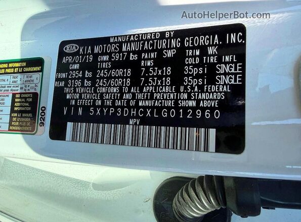 5XYP3DHCXLG012960 2020 KIA TELLURIDE White Vista interior trasera