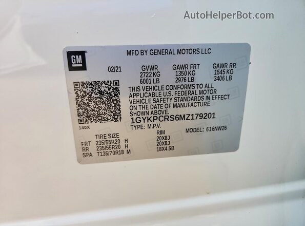 1GYKPCRS6MZ179201 2021 CADILLAC XT6 White Vista de la etiqueta del VIN