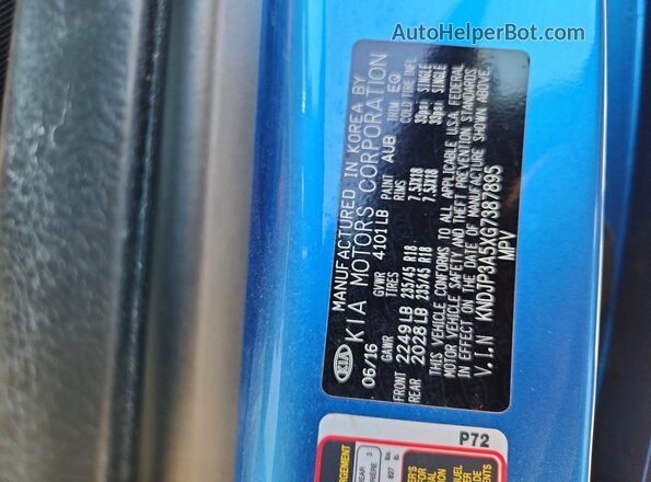 KNDJP3A5XG7387895 2016 KIA SOUL Blue VIN sticker view