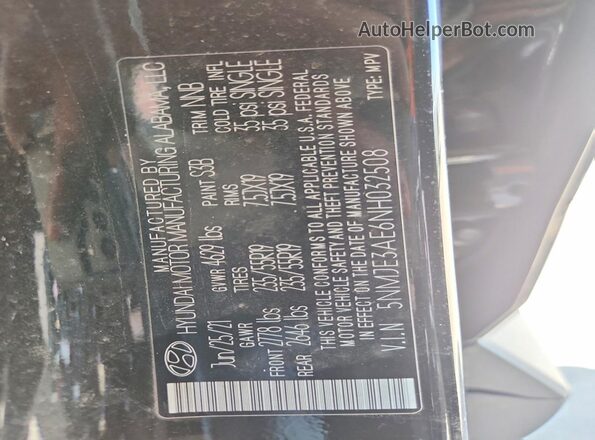 5NMJE3AE6NH032508 2022 HYUNDAI TUCSON Black VIN կոդի պիտակի տեսք