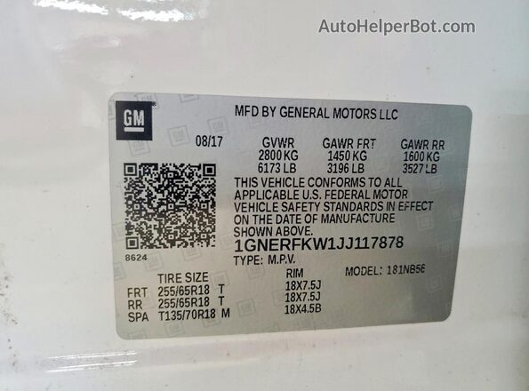 1GNERFKW1JJ117878 2018 CHEVROLET TRAVERSE White Vista interior de 360 grados