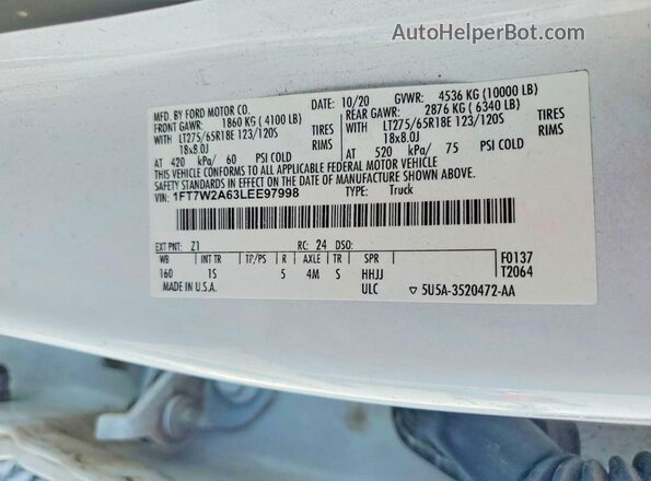 1FT7W2A63LEE97998 2020 FORD F250 White VIN კოდის სტიკერის ხედი