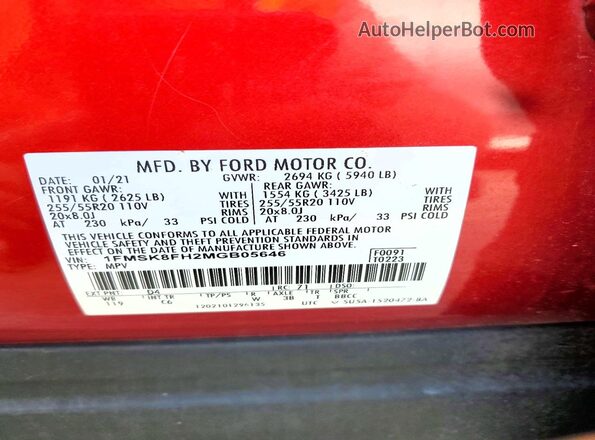 1FMSK8FH2MGB05646 2021 FORD EXPLORER Red Widok wnętrza 360 stopni