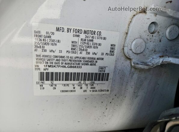1FMSK7FH9LGB68333 2020 FORD EXPLORER White Widok naklejki z numerem VIN