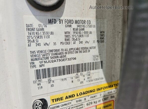 1FMJU2AT5GEF32706 2016 FORD EXPEDITION White Widok wnętrza 360 stopni