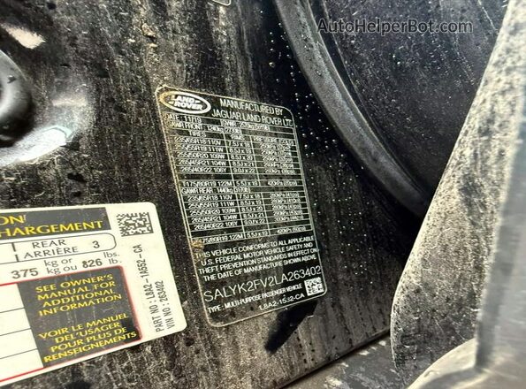SALYK2FV2LA263402 2020 LAND ROVER RANGE ROVER Black Widok naklejki z numerem VIN