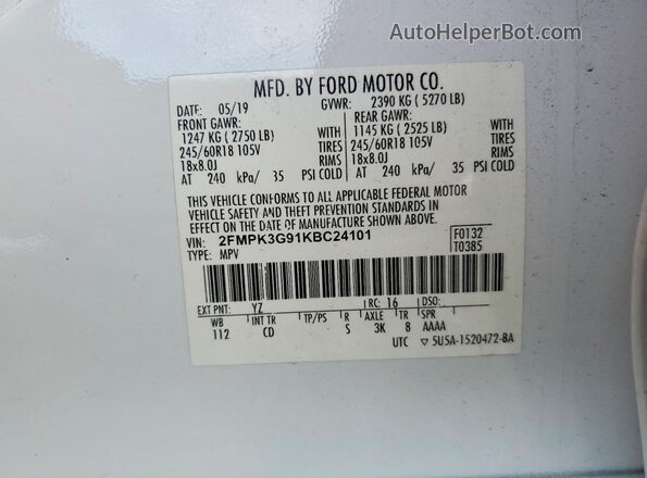 2FMPK3G91KBC24101 2019 FORD EDGE White Widok wnętrza 360 stopni