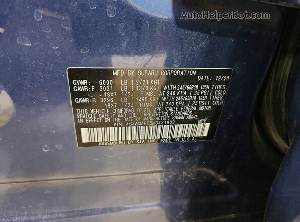 4S4WMAFD5M3431903 2021 SUBARU ASCENT Blue 