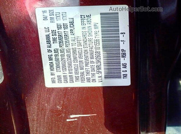5FNRL5H26GB101556 2016 HONDA ODYSSEY Burgundy Rear interior view