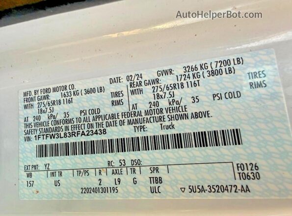 1FTFW3L83RFA23438 2024 FORD F150 Белый Вид задней части салона