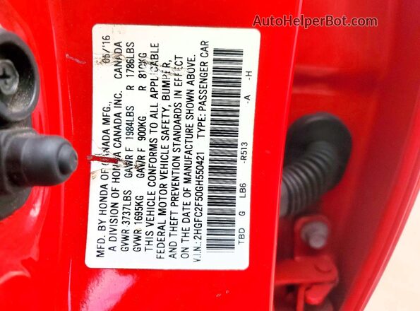 2HGFC2F50GH550421 2016 HONDA CIVIC Red Widok naklejki z numerem VIN