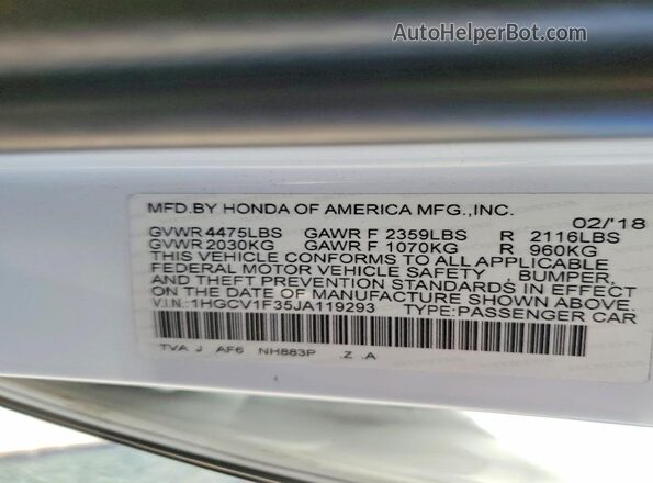 1HGCV1F35JA119293 2018 HONDA ACCORD White Vista de la etiqueta del VIN