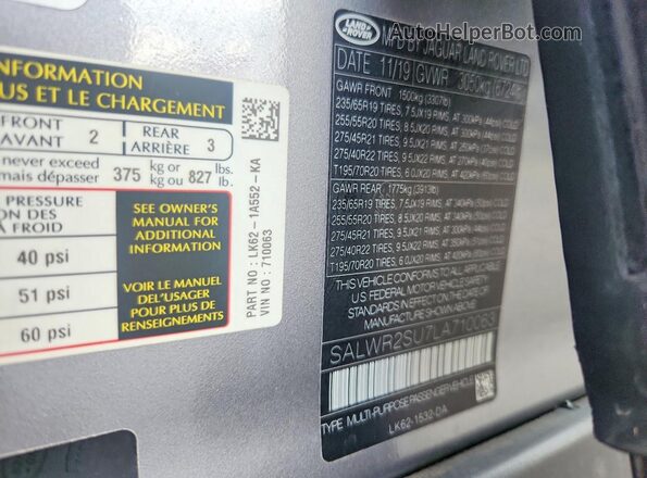 SALWR2SU7LA710063 2020 LAND ROVER RANGE Gray 360 interior view