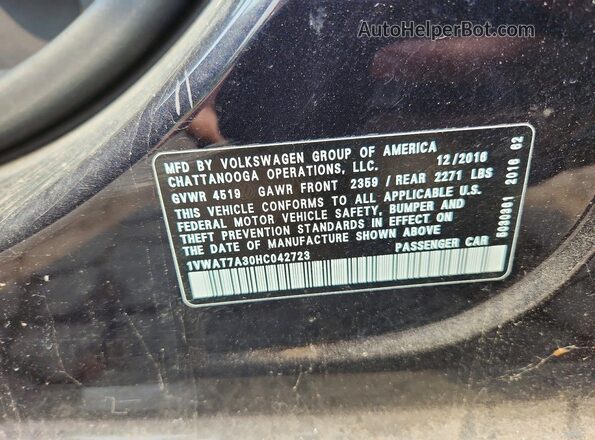 1VWAT7A30HC042723 2017 VOLKSWAGEN PASSAT Black Widok naklejki z numerem VIN