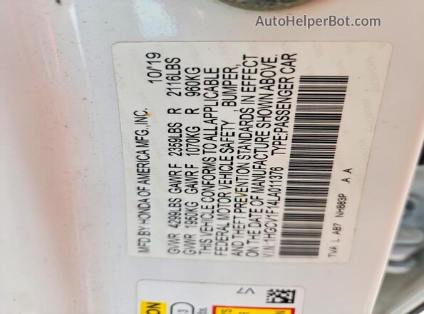 1HGCV1F14LA011376 2020 HONDA ACCORD White Вид наклейки з VIN-кодом