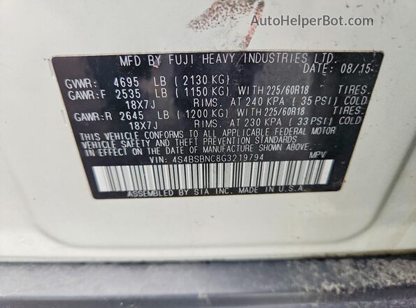 4S4BSBNC8G3219794 2016 SUBARU OUTBACK White Widok wnętrza 360 stopni
