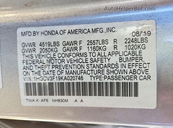 1HGCV3F19KA020746 2019 HONDA ACCORD Серебряный Вид наклейки с VIN-кодом