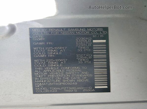 KNMAT2MT6GP609249 2016 NISSAN ROGUE Silver VIN կոդի պիտակի տեսք