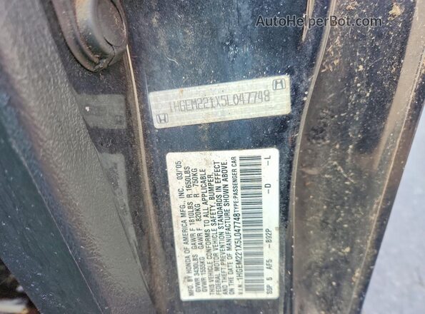1HGEM221X5L047748 2022 HONDA CIVIC Charcoal Widok naklejki z numerem VIN