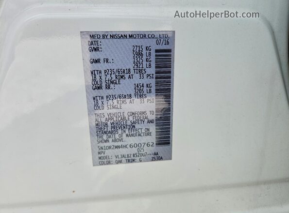 5N1DR2MN4HC600762 2017 NISSAN PATHFINDER White Widok wnętrza 360 stopni
