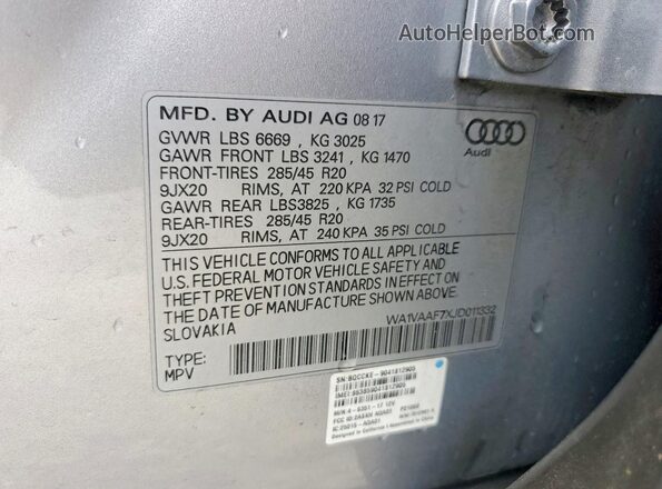 WA1VAAF7XJD011332 2018 AUDI Q7 Gray VIN sticker view