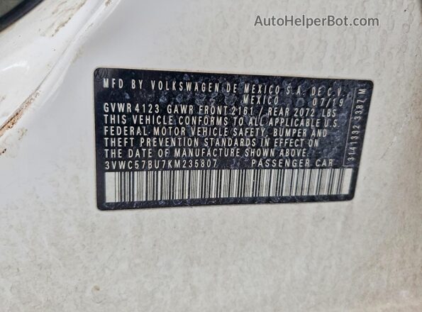 3VWC57BU7KM235807 2019 VOLKSWAGEN JETTA White Вид наклейки з VIN-кодом