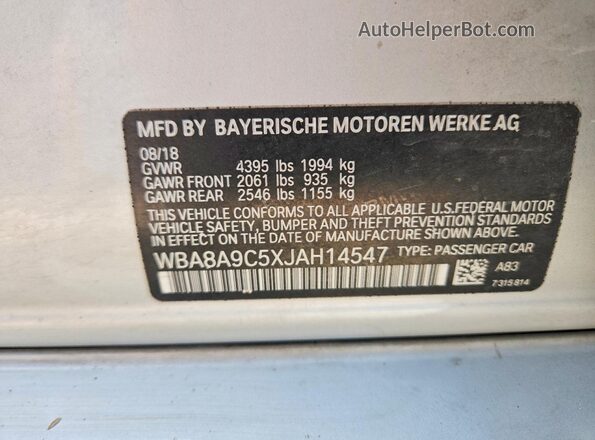 WBA8A9C5XJAH14547 2018 BMW 3 SERIES Silver VIN sticker view