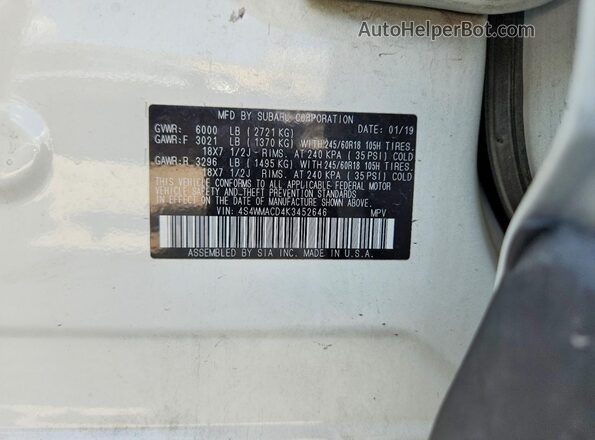 4S4WMACD4K3452646 2019 SUBARU ASCENT White Widok wnętrza 360 stopni