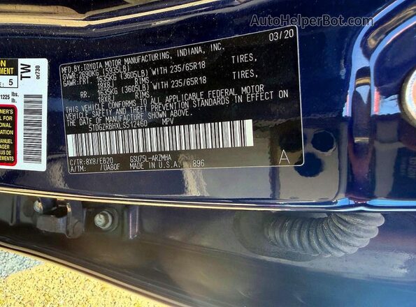 5TDGZRBHXLS512460 2020 TOYOTA HIGHLANDER Black Vista interior trasera