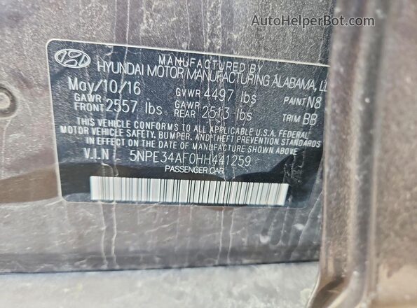5NPE34AF0HH441259 2017 HYUNDAI SONATA Brown Vista de la etiqueta del VIN