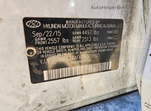 5NPE24AF6GH309995 2016 HYUNDAI SONATA White Widok naklejki z numerem VIN