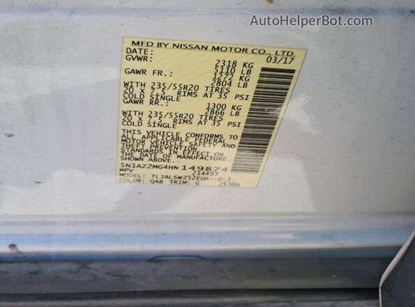 5N1AZ2MG4HN149874 2017 NISSAN MURANO White Սալոնի 360 աստիճան տեսք