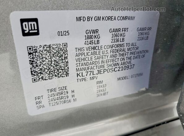 KL77LJEP0SC210937 2025 CHEVROLET TRAX Gray Vista interior de 360 grados