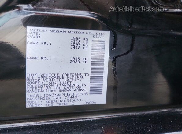 1N4BL4DV3SN363756 2025 NISSAN ALTIMA Black VIN კოდის სტიკერის ხედი