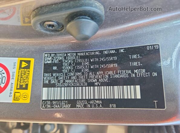 5TDJZRFH2KS963638 2019 TOYOTA HIGHLANDER Gray VIN կոդի պիտակի տեսք