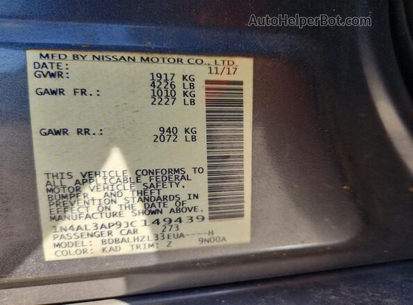 1N4AL3AP9JC149439 2018 NISSAN ALTIMA Gray Вид наклейки з VIN-кодом