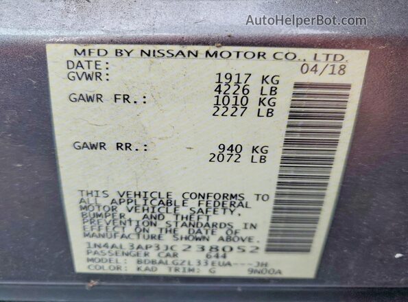 1N4AL3AP3JC238052 2018 NISSAN ALTIMA Gray VIN sticker view