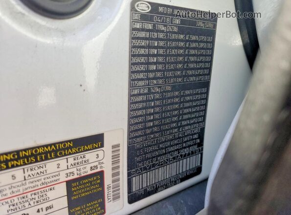 SALYL2RN5JA771191 2018 LAND ROVER RANGE ROVER White VIN კოდის სტიკერის ხედი