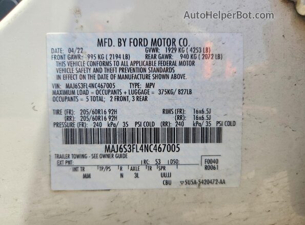 MAJ6S3FL4NC467005 2022 FORD ECOSPORT Белый Вид наклейки с VIN-кодом