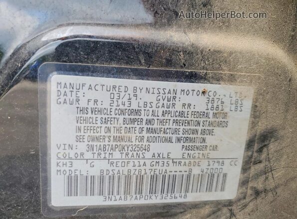 3N1AB7AP0KY325648 2019 NISSAN SENTRA Black Widok naklejki z numerem VIN