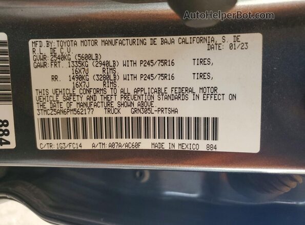 3TMCZ5AN6PM562177 2023 TOYOTA TACOMA Gray VIN კოდის სტიკერის ხედი